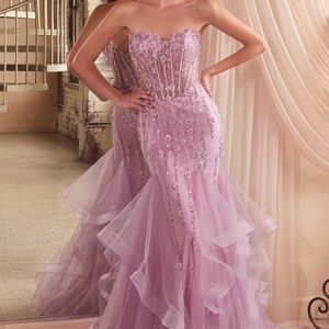 Strapless Lavender Gown with Embellishments
